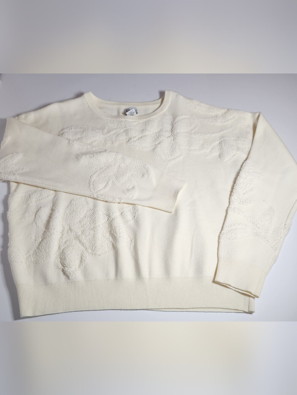 Nicole Miller Cream Textured Floral Open Knit Crewneck Sweater Size XL